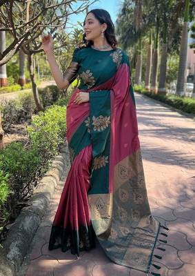 Pink woven design silk blend banarasi saree 1
