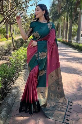 Pink woven design silk blend banarasi saree