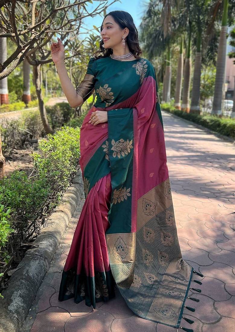 Pink woven design silk blend banarasi saree