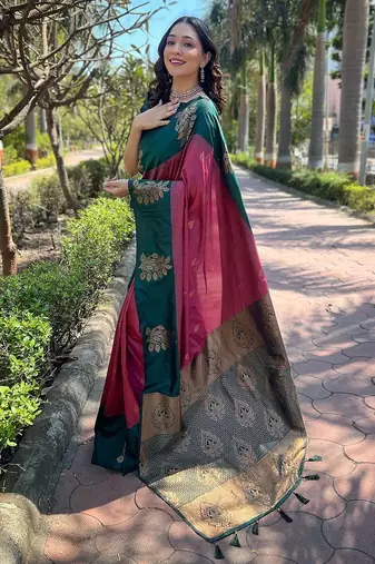 Pink woven design silk blend banarasi saree