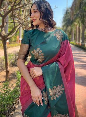 Pink woven design silk blend banarasi saree 3