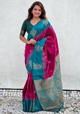 Pink woven design silk blend banarasi saree 1