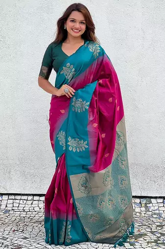 Pink woven design silk blend banarasi saree