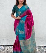Pink woven design silk blend banarasi saree