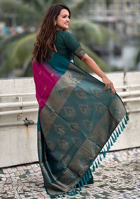 Pink woven design silk blend banarasi saree 2