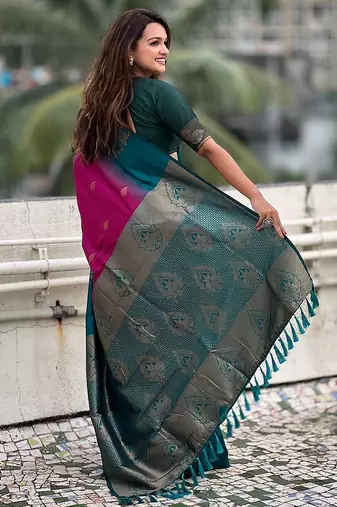 Pink woven design silk blend banarasi saree