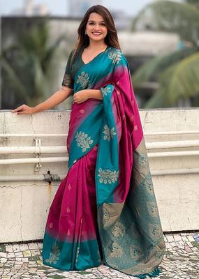 Pink woven design silk blend banarasi saree 4