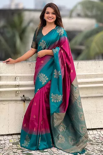 Pink woven design silk blend banarasi saree