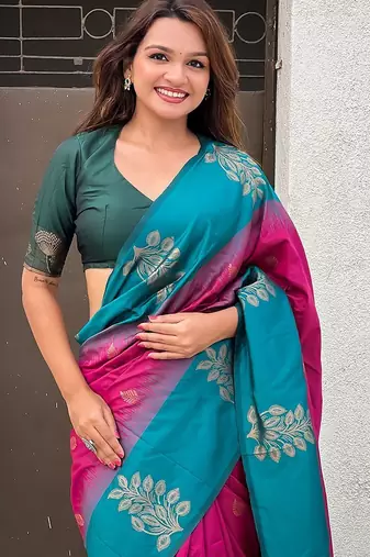 Pink woven design silk blend banarasi saree