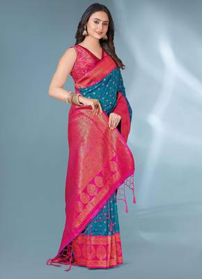 Blue woven design zari silk blend paithani saree 2
