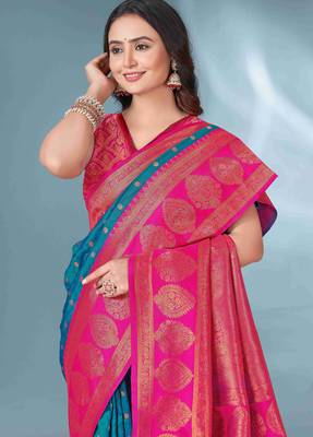 Blue woven design zari silk blend paithani saree 3