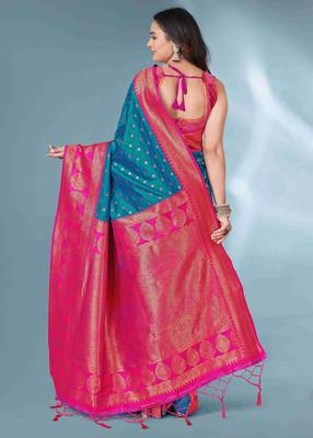 Blue woven design zari silk blend paithani saree 5
