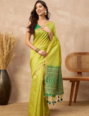 Lime woven design zari silk cotton designer banarasi saree 1
