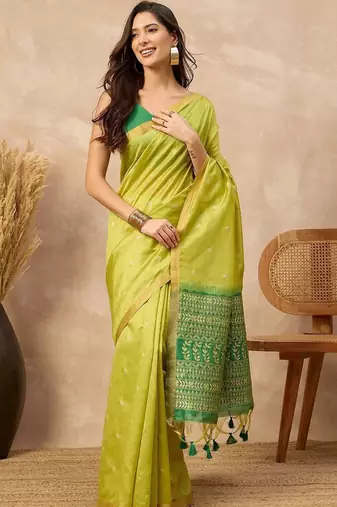 Lime woven design zari silk cotton designer banarasi saree