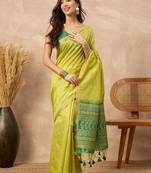Lime woven design zari silk cotton designer banarasi saree