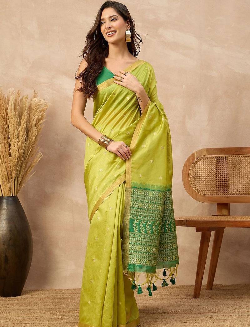 Lime woven design zari silk cotton designer banarasi saree