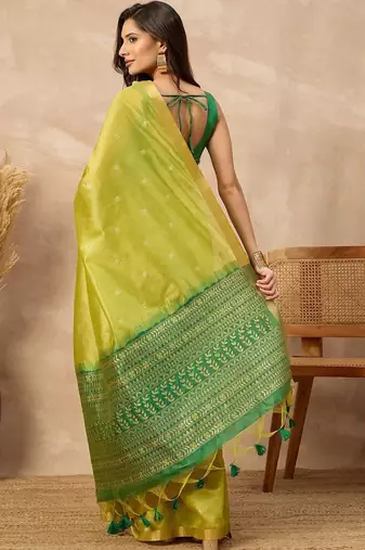 Lime woven design zari silk cotton designer banarasi saree