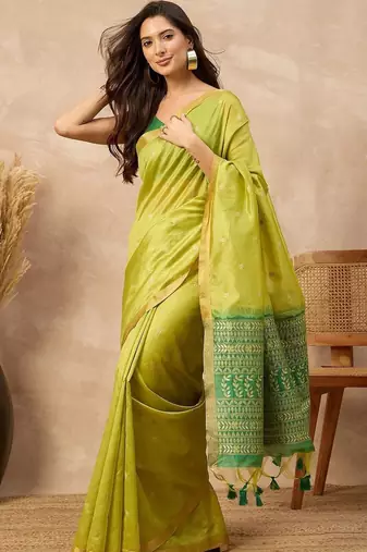 Lime woven design zari silk cotton designer banarasi saree