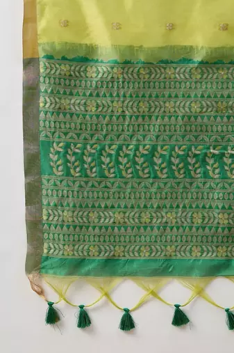 Lime woven design zari silk cotton designer banarasi saree