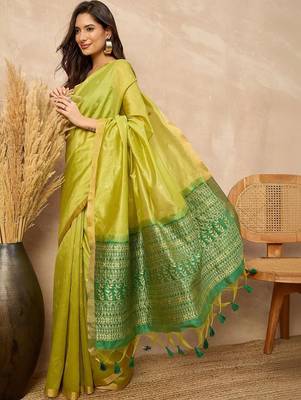 Lime woven design zari silk cotton designer banarasi saree 5