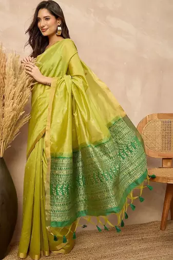Lime woven design zari silk cotton designer banarasi saree