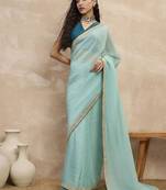Turquoise sequinned organza designer saree