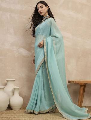 Turquoise sequinned organza designer saree 2