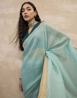 Turquoise sequinned organza designer saree 5