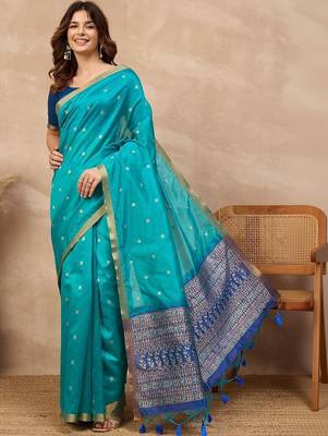Blue woven design zari silk cotton designer banarasi saree 1