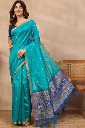 Blue woven design zari silk cotton designer banarasi saree