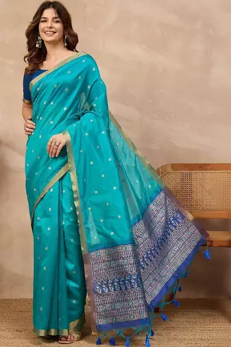 Blue woven design zari silk cotton designer banarasi saree
