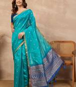 Blue woven design zari silk cotton designer banarasi saree