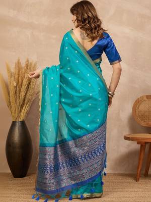 Blue woven design zari silk cotton designer banarasi saree 2