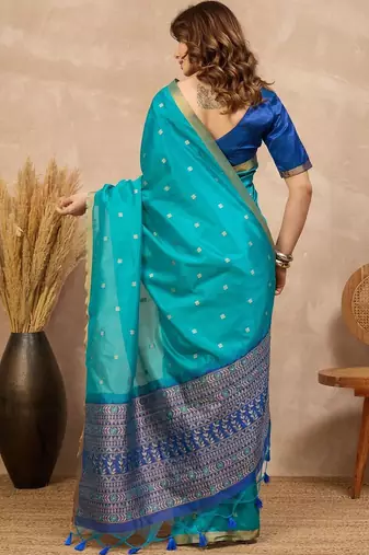 Blue woven design zari silk cotton designer banarasi saree