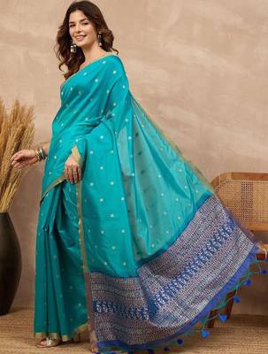 Blue woven design zari silk cotton designer banarasi saree 3
