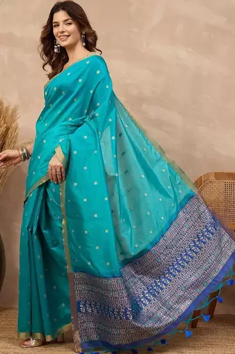 Blue woven design zari silk cotton designer banarasi saree