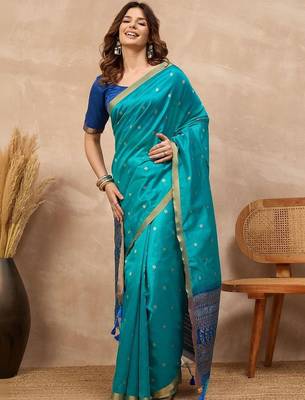 Blue woven design zari silk cotton designer banarasi saree 5