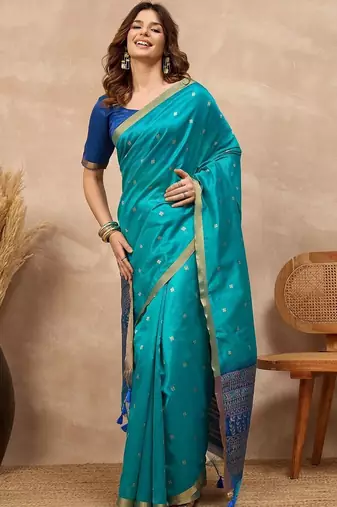 Blue woven design zari silk cotton designer banarasi saree
