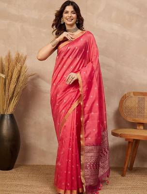 Pink woven design zari silk cotton designer banarasi saree 1