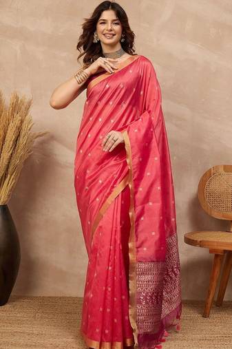 Pink woven design zari silk cotton designer banarasi saree