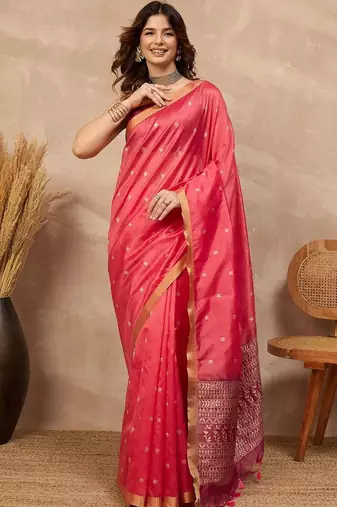 Pink woven design zari silk cotton designer banarasi saree