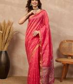 Pink woven design zari silk cotton designer banarasi saree