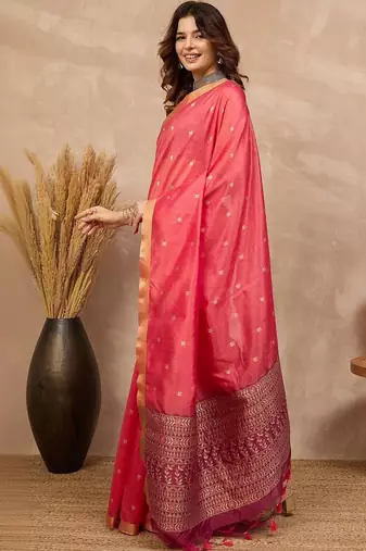 Pink woven design zari silk cotton designer banarasi saree