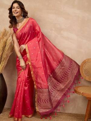 Pink woven design zari silk cotton designer banarasi saree 5