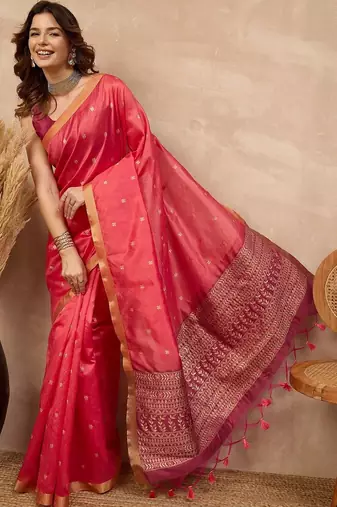 Pink woven design zari silk cotton designer banarasi saree