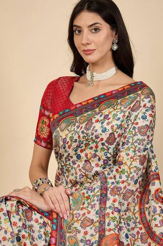 Cream ethnic motifs embroidered banarasi saree