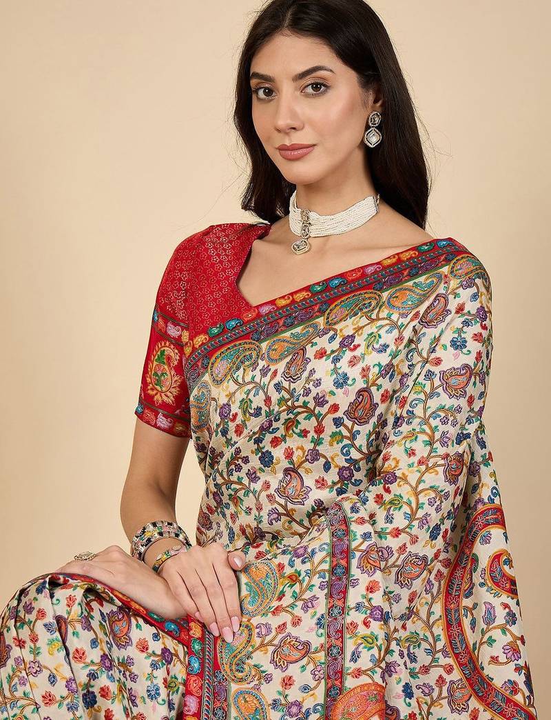 Cream ethnic motifs embroidered banarasi saree