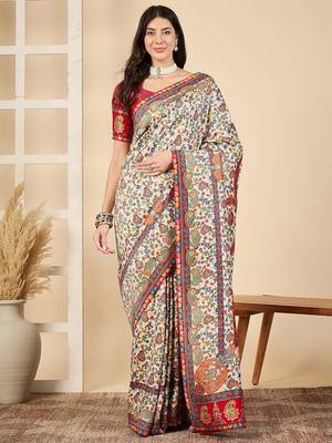 Cream ethnic motifs embroidered banarasi saree 2