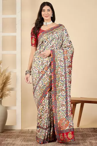 Cream ethnic motifs embroidered banarasi saree