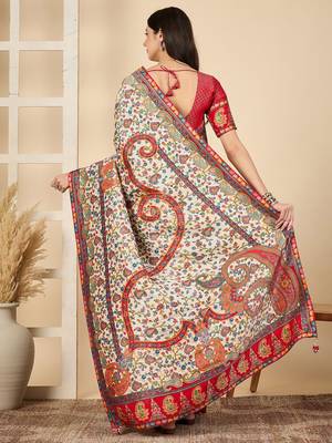 Cream ethnic motifs embroidered banarasi saree 3